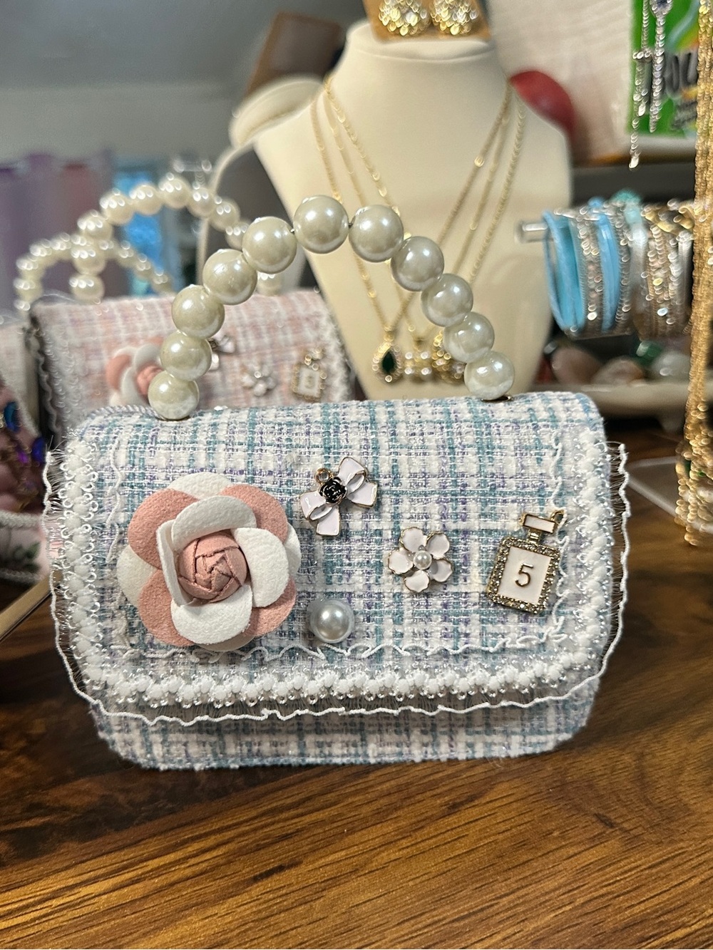 Pastel Tweed Pearl-Handle Mini Bag with Flower Charm